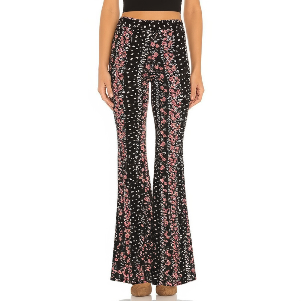 FOREVER 21 Pull On Pants Black‎ Multi Floral Flare Wide Leg Boho Festival Ditsy